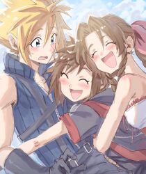 1girl 2boys aerith_gainsborough aqua_eyes bervens12 black_gloves black_jacket black_vest blonde_hair blush braid braided_ponytail breasts brown_hair child closed_mouth cloud_strife final_fantasy final_fantasy_vii final_fantasy_vii_advent_children gloves group_hug hair_between_eyes hair_ribbon highres hug jacket kingdom_hearts kingdom_hearts_ii long_hair medium_breasts multiple_boys official_alternate_costume open_mouth parted_bangs pink_ribbon ribbon short_hair sidelocks single_bare_shoulder single_braid smile sora_(kingdom_hearts) spiked_hair sweatdrop upper_body vest