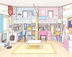 carpet chabudai_(table) chair curtains desk fixed-point_camera indoors kiyo_(kyokyo1220) korilakkuma loaded_interior loft_bed mirror no_humans ootani_shouhei original poster_(object) rilakkuma san-x stuffed_animal stuffed_toy table teddy_bear television time_lapse window