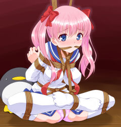 Rule 34 | 1girl, bdsm, bird, blue eyes, blush, bondage, bound, bow, breasts, crotch rope, hair bow, haramura nodoka, highres, indoors, large breasts, long hair, long sleeves, looking afar, mukanata, neckerchief, panties, penguin, pink hair, pink panties, pleated skirt, rope gag, saki (manga), school uniform, serafuku, shrimp tie, skirt, tears, thighhighs, twintails, underwear, wooden floor