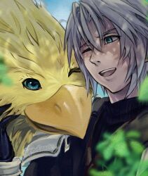 1boy armor black_coat black_gloves blue_eyes chocobo coat final_fantasy final_fantasy_vii final_fantasy_vii_ever_crisis gloves grey_hair guardianot jacket male_focus one_eye_closed open_mouth pauldrons petting sephiroth sephiroth_(ever_crisis) short_hair shoulder_armor slit_pupils smile sweater turtleneck turtleneck_sweater twitter_username