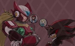 Rule 34 | 2boys, armor, black fur, blonde hair, body fur, brown background, chest jewel, closed eyes, commentary request, crossed arms, forehead jewel, helmet, iris (mega man), long hair, male focus, maria robotnik, mega man (series), mega man x4, mega man x (series), multicolored fur, multiple boys, red armor, red fur, red helmet, rikepoppo, shadow the hedgehog, sonic (series), speech bubble, spoken character, trait connection, upper body, white fur, zero (mega man)