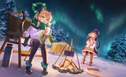 2girls absurdres animal_ear_headphones animal_ears aurora black_thighhighs blonde_hair blue_archive cat_ear_headphones cat_tail cup fake_animal_ears fire full_body green_eyes green_halo halo headphones highres jacket luvents3 midori_(blue_archive) momoi_(blue_archive) multiple_girls night night_sky pink_eyes pink_halo shoes sitting sky snow steam tail thighhighs tree twitter white_jacket