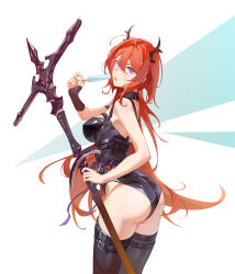 1girl absurdres arknights ass bare_shoulders belt black_belt black_leotard black_thighhighs breasts brown_horns cowboy_shot fingernails food hair_between_eyes highres holding holding_food holding_popsicle holding_weapon horns konghao leotard long_hair looking_at_viewer medium_breasts open_mouth orange_hair popsicle purple_eyes solo standing surtr_(arknights) thigh_belt thigh_strap thighhighs tongue tongue_out twisted_torso weapon white_background