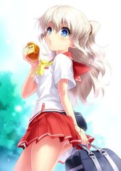1girl arm_at_side ass bag bloom blue_eyes bow breasts charlotte_(anime) commentary_request cowboy_shot cup day eyelashes eyes_visible_through_hair grey_hair hair_between_eyes half_updo hand_up holding holding_bag holding_cup hoshinoumi_academy_school_uniform jam light_blush long_hair looking_at_viewer looking_down medium_breasts miniskirt outdoors panties panty_peek parted_lips pleated_skirt ponytail red_sailor_collar red_skirt sailor_collar school_uniform shirt short_ponytail short_sleeves skirt solo standing tomori_nao underwear wavy_hair white_panties white_shirt yellow_bow zen_(kamuro)