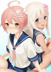 2girls :d ahoge arm_support blonde_hair blue_background blue_eyes blue_necktie blue_one-piece_swimsuit blue_sailor_collar blush breasts commentary_request cropped_shirt crossed_bangs double-parted_bangs flower from_above from_behind gradient_background gradient_necktie hair_between_eyes hair_flower hair_ornament i-58_(kancolle) kantai_collection long_hair long_sidelocks medium_breasts multiple_girls necktie one-piece_swimsuit open_mouth pink_hair pink_necktie red_eyes ro-500_(kancolle) sailor_collar sakiecho shadow shirt short_sleeves sidelocks signature sitting sleeveless sleeveless_shirt smile swimsuit tan tanline thighs turning_head white_background white_shirt