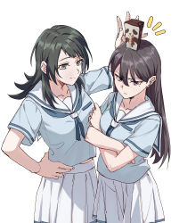Rule 34 | 2girls, absurdres, bang dream!, bang dream! it&#039;s mygo!!!!!, black hair, blue shirt, blush, carton, closed mouth, commentary, crossed arms, green eyes, hair between eyes, hanasakigawa school uniform, highres, joker (jjjokerrr233), long hair, medium hair, multiple girls, pleated skirt, purple eyes, sailor collar, school uniform, serafuku, shiina taki, shirt, short sleeves, simple background, skirt, white background, white sailor collar, white skirt, yahata umiri