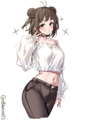 1girl alternate_costume artist_name blush breasts brown_eyes brown_hair brown_pants commentary_request crop_top cropped_shirt double_bun ebifurya fingernails hair_bun hair_intakes highres kantai_collection long_sleeves looking_at_viewer medium_breasts midriff naka_(kancolle) navel off-shoulder_shirt off_shoulder one-hour_drawing_challenge pants puffy_long_sleeves puffy_sleeves shirt simple_background smile solo twitter_username v white_background white_shirt