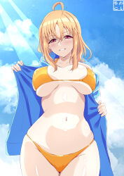 1girl absurdres ahoge alternate_breast_size alternate_costume bikini blue_sky blush breasts cloud cloudy_sky collarbone commentary_request gigantic_breasts highres hood hooded_jacket hoodie huge_breasts jacket large_breasts looking_at_viewer love_live! love_live!_sunshine!! medium_hair navel open_mouth orange_bikini orange_hair oshiruko_kizoku outdoors red_eyes shiny_skin sky smile solo stomach swimsuit takami_chika teeth thighs underboob