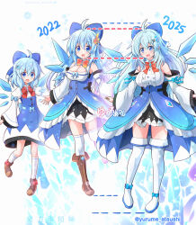 3girls adapted_costume aged_up ahoge alternate_breast_size alternate_costume alternate_hair_length alternate_hairstyle antenna_hair black_skirt blue_bow blue_eyes blue_hair blush boots bow bowtie breasts brown_boots cirno cleavage cleavage_cutout clothing_cutout clothing_request commentary_request detached_sleeves detached_wings hair_bow hair_ornament highres ice ice_wings kneehighs large_breasts long_hair multiple_girls multiple_persona open_mouth orange_bow orange_bowtie purple_eyes skirt smile socks thigh_boots thighhighs touhou twitter_username very_long_hair white_boots white_sleeves white_socks white_thighhighs wings yurume_atsushi