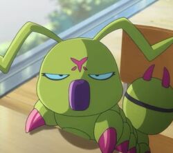 antennae blue_eyes desk digimon digimon_(creature) digimon_adventure_02 looking_at_viewer lowres narrowed_eyes no_humans school_desk slayer_dramonz solo wormmon