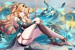 Rule 34 | 1girl, absurdres, bare shoulders, barefoot, bell, blonde hair, chinese clothes, commentary, detached sleeves, dress, eyewear on head, green dress, green hat, hair bell, hair ornament, hat, highres, honkai (series), honkai impact 3rd, kneehighs, long hair, looking at viewer, multicolored hair, nail polish, official alternate costume, official art, orange hair, red nails, second-party source, shuiyinzijun, single kneehigh, single sock, sitting, smile, socks, solo, songque, songque (jovial deception: shadowdimmer), streaked hair, sunglasses, two side up, very long hair, yellow eyes