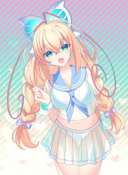 Rule 34 | 1girl, antenna hair, azure striker gunvolt, bikini, blonde hair, braid, braided pigtails, breasts, butterfly hair ornament, dress, green eyes, hair ornament, highres, large breasts, lololotton, lumen (gunvolt), multicolored hair, pink hair, sailor dress, see-through clothes, see-through shirt, shirt, skirt, solo, swimsuit, swimsuit under clothes, tagme, transparent skirt, twintails