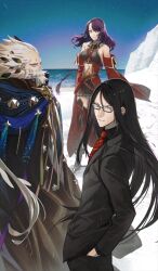 1girl 2boys amano_hana bare_shoulders beard black_hair black_jacket black_pants black_shirt black_suit blue_eyes blue_sky boots braid breasts brown_boots brown_hair brown_skirt cloak closed_mouth collared_shirt commentary_request dagger detached_sleeves dress_shirt facial_hair fate/grand_order fate_(series) formal_clothes full_beard game_cg grey_eyes hair_slicked_back halterneck hand_in_pocket hephaestion_(fate) heterochromia horizon jacket knife long_hair long_sidelocks looking_at_viewer lord_el-melloi_ii male_focus medium_breasts midriff missing_commentary multicolored_hair multiple_boys mustache necktie ocean official_art old old_man outdoors pants parted_bangs ptolemy_(fate) ptolemy_(third_ascension)_(fate) purple_hair rakurui_no_tsubasa red_necktie shirt sidelocks skirt sky smile standing suit suit_jacket thigh_boots third-party_source two-tone_hair v-shaped_eyebrows very_long_hair waver_velvet weapon white_facial_hair white_hair wind wing_collar