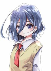 1girl ahoge androgynous arms_behind_back blue_eyes blue_hair blush breasts closed_mouth collared_shirt hair_between_eyes kimi_no_koto_ga_dai_dai_dai_dai_daisuki_na_100-nin_no_kanojo long_hair_between_eyes looking_at_viewer nakaji_uto necktie official_alternate_costume red_necktie shirt short_hair simple_background small_breasts smile solo sweater_vest upper_body white_background white_shirt yellow_sweater_vest yumenobetsu