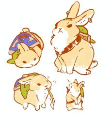 Rule 34 | animal, animal focus, animalization, clothed animal, earrings, eating, food, green headwear, hamusitas, hat, highres, jewelry, link, lying, multiple views, nintendo, on stomach, rabbit, rearing, shield, shield on back, simple background, standing, sword, sword on back, the legend of zelda, vegetable, weapon, weapon on back, white background