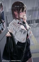 1girl black_bra black_choker black_eyes black_hair black_hairband black_nails black_necktie black_skirt blush bra breasts chigusa_minori choker commentary_request diagonal-striped_clothes diagonal-striped_necktie gradient_nails hairband hand_on_own_face highres looking_at_viewer medium_breasts nail_polish necktie open_mouth pink_hair plaid_clothes plaid_skirt poster_(object) rain saotome_shino_(shino_to_ren) school_uniform see-through_clothes see-through_shirt shino_to_ren shirayuki_ren shirt shirt_tucked_in short_hair skirt solo striped_clothes tactile_paving translation_request underwear wet wet_clothes wet_shirt