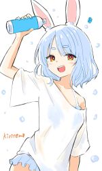 1girl :d animal_ear_fluff animal_ears arm_up bikini bikini_under_clothes blue_bikini blue_hair blush bottle collarbone commentary_request frilled_bikini frills highres holding holding_bottle hololive kiritoma looking_at_viewer off_shoulder open_mouth rabbit-shaped_pupils rabbit_ears red_eyes see-through_clothes see-through_shirt shirt short_eyebrows short_sleeves signature simple_background smile solo swimsuit symbol-shaped_pupils thick_eyebrows usada_pekora water_bottle water_drop white_background white_shirt