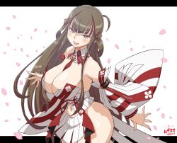 Rule 34 | 1girl, ass, ass focus, blue eyes, breasts, brown hair, chinese knot, cleavage, clothing cutout, detached collar, earrings, falling petals, flower-shaped pupils, haganemaru kennosuke, japanese clothes, jewelry, large breasts, long hair, looking at viewer, mismatched earrings, navel, navel cutout, neck tassel, petals, senran kagura, smile, symbol-shaped pupils, tassel, toki (senran kagura)