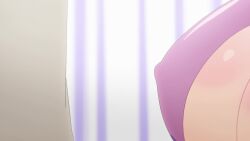 1boy 1girl agatsuma_makina akutsu_eita android animated anime_screenshot blue_hair blush breast_press breasts brown_hair cleavage cleavage_cutout clothing_cutout covered_erect_nipples fang glasses gradient_hair highres kakushite!_makina-san!! large_breasts leotard long_hair multicolored_hair orange_hair pink_hair purple_leotard red_hair robot_girl skin_fang sound tagme twintails video