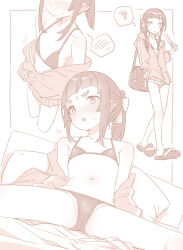 1girl akari_(raigou) bikini breasts fang flat_chest food heart highres monochrome navel original pointy_ears ponytail popsicle raigou sidelocks skin_fang small_breasts spread_legs swimsuit thick_eyebrows white_background