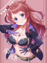 1girl black_bra black_gloves black_jacket black_shorts blush bra breasts brown_hair dan_(orange_train) double_bun gakuen_idolmaster gloves gold_belt hair_bun hanami_saki idolmaster jacket jewelry long_hair long_sleeves looking_at_viewer medium_breasts multicolored_jacket navel necklace purple_eyes short_shorts shorts smile solo two-tone_gloves two-tone_jacket underwear