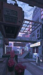 air_conditioner animated animated_gif building cityscape cloud cloudy_sky commentary english_commentary english_text highres looping_animation no_humans original outdoors pixel_art plant potted_plant scenery sign sky twilight waneella