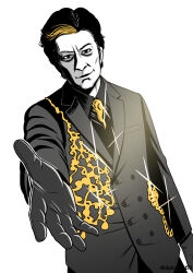 Rule 34 | 1boy, bags under eyes, benzene seijin, black gloves, black hair, black jacket, black shirt, black suit, blonde streaks, breast pocket, business suit, buttons, cheekbones, closed mouth, collared shirt, commentary, dutch angle, evil smile, formal clothes, gleam, gloves, gold trim, highres, jacket, lapels, long sleeves, looking at viewer, male focus, monochrome, multicolored hair, necktie, notched lapels, ogami akuma, open hand, outstretched hand, pocket, reaching, reaching towards viewer, shirt, short hair, simple background, smile, smirk, solo, spot color, streaked hair, suit, suit jacket, tokusatsu, twitter username, ultra series, ultraman zearth (series), upper body, white background, yuuki koutarou