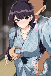 1boy 1girl arm_up black_eyes black_hair blue_robe blush breasts collarbone faceless faceless_male grabbing_from_behind groping hetero indoors komi-san_wa_komyushou_desu komi_shouko large_breasts leg_grab long_hair mak066 netorare robe selfie solo_focus steam straight_hair sweat