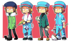 1boy belt bemani black_cat black_footwear black_pants black_socks blue_headwear border breast_pocket brown_hair bucket cat cigarette dual_persona facial_hair frown green_jacket grin hand_in_pocket headphones holding holding_bucket holding_mop holding_paintbrush holding_paper holding_water_gun jacket janitor male_focus mop mouth_hold mr._kk paintbrush pants paper pink_belt pocket ponytail pop&#039;n_music rolled_up_paper shirt short_ponytail skull_and_crossbones sleeves_rolled_up smile smoking socks striped_clothes striped_pants stubble sweatdrop t-shirt variations vertical-striped_clothes vertical-striped_pants water_gun white_border white_shirt yokunaiiii