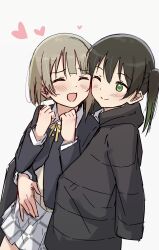 2girls absurdres black_hair blush bob_cut closed_eyes closed_mouth down_jacket gradient_hair green_eyes green_hair grey_hair hair_between_eyes hand_on_another&#039;s_waist hands_up heads_together heart highres hug jacket long_sleeves looking_at_another love_live! love_live!_nijigasaki_high_school_idol_club multicolored_hair multiple_girls nakasu_kasumi neck_ribbon nijigasaki_school_uniform nijiyon one_eye_closed open_mouth plaid_clothes plaid_skirt ribbon school_uniform short_hair simple_background skirt smile sweater takasaki_yu toyasu_aina twintails two-tone_hair winter_uniform yellow_ribbon yellow_sweater yuri