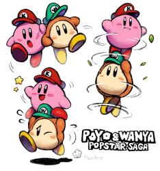 blush_stickers commentary english_commentary green_hat hat highres kirby kirby_(series) looking_at_viewer mario_&amp;_luigi:_superstar_saga mario_&amp;_luigi_rpg mario_(series) multiple_views nintendo no_humans one_eye_closed open_mouth red_hat simple_background star_(symbol) waddle_dee white_background ya_mari_6363