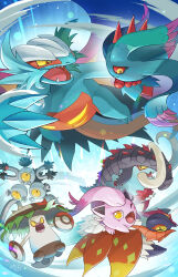 absurdres brute_bonnet colored_sclera flutter_mane great_tusk highres looking_at_viewer nintendo no_humans one_eye_closed open_mouth pokemon pokemon_(creature) red_sclera roaring_moon sandy_shocks scream_tail signature slither_wing watermark yamaori_(hakkentai_pokedan) yellow_sclera