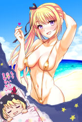 1girl :d areola_slip bare_shoulders beach bikini blonde_hair blush breasts closed_eyes cloud collarbone covered_erect_nipples dreaming fang finger_heart gold_bikini hair_ornament heart highres kurita_tsushima large_breasts long_hair long_sidelocks looking_at_viewer navel nipples ocean open_mouth original outdoors pillow ponytail purple_eyes side_ponytail sidelocks skin_fang sky smile squeans star_(symbol) stomach swimsuit tongue