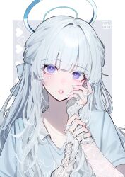 1girl alternate_costume arm_warmers blue_archive blunt_bangs blush grey_shirt halo heart_sticker highres jewelry kamiyama_sumu long_hair looking_at_viewer nail_art nail_polish noa_(blue_archive) parted_lips purple_eyes ring shirt simple_background solo sticker_on_face white_hair white_halo