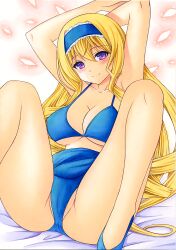 Rule 34 | 1girl, armpits, arms behind head, bed, bikini, blonde hair, blue bikini, blush, breasts, cecilia alcott, cleavage, covered erect nipples, drill hair, feet, hairband, high heels, highres, infinite stratos, large breasts, legs, long hair, looking at viewer, navel, nightmare77zx, purple eyes, sarong, seductive smile, smile, solo, swimsuit, thigh gap, thighs, traditional media, very long hair