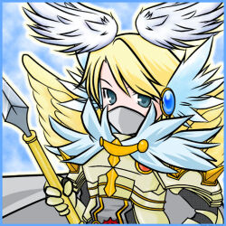 1boy armor blonde_hair blue_eyes blue_wings breastplate cape commentary_request feathered_wings grey_cape head_wings holding holding_polearm holding_weapon looking_at_viewer male_focus mask mouth_mask polearm ragnarok_online rune_knight_(ragnarok_online) short_hair solo spear upper_body variant_set weapon white_wings wings yazawa_kazuki yellow_wings
