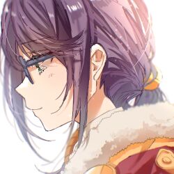 1girl bad_id bad_twitter_id closed_mouth from_side fur_trim glasses green_eyes highres hoshimi_junna long_hair looking_ahead ponytail profile purple_hair rococomm123 shoujo_kageki_revue_starlight sidelocks simple_background smile solo upper_body white_background