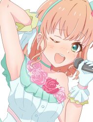 1girl ;d aqua_eyes aqua_hairband arm_up armpits blush breasts chu!_chocolate collarbone commentary crossed_bangs dress flower flower-trimmed_dress frilled_dress frilled_gloves frills gloves hairband highres hinoshita_kaho holding holding_microphone link!_like!_love_live! looking_at_viewer love_live! medium_breasts medium_hair microphone nose_blush official_alternate_costume one_eye_closed open_mouth orange_hair pink_flower pink_rose rose simple_background single-shoulder_dress single_bare_shoulder smile solo tasogare0101 upper_body virtual_youtuber white_background white_dress white_gloves yume_wazurai