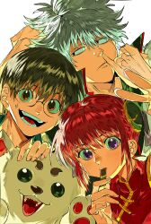 1girl 2boys absurdres black_hair blue_hair brown_eyes brown_hair bun_cover china_dress chinese_clothes dog dress eating food gintama glasses grey_hair hair_bun highres holding kagura_(gintama) looking_at_viewer multiple_boys open_mouth popped_collar purple_eyes red_dress red_hair round_eyewear sadaharu sakata_gintoki shimura_shinpachi short_hair smile sweatdrop teeth v white_background xi_luo_an_ya