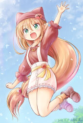 1girl akihara_ryou animal_ear_headwear artist_name blue_sky boots breasts brown_hair dated fake_animal_ears frilled_sleeves frills green_eyes highres irina_bondarchuk iris_mysteria! long_hair pointy_ears red_ribbon ribbon skirt sky small_breasts smile socks very_long_hair waving yellow_ribbon
