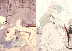 1boy 4girls asutora bat_wings bed_sheet black_neckwear blue_hair blush bow bowtie breasts bridal_gauntlets bridal_veil censored commentary_request dress earrings closed_eyes formal_clothes hetero izayoi_sakuya jewelry kiss koakuma lying maid maid_headdress missionary mosaic_censoring motion_lines multiple_girls nipples nude on_back open_mouth patchouli_knowledge penis pointy_ears pussy remilia_scarlet saliva sex sheet_grab short_hair small_breasts suit sweat teeth thighhighs touhou vaginal veil wedding wedding_dress white_dress white_hair white_legwear wings