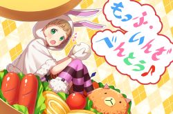 10s 1boy animal_hood bad_id bad_pixiv_id blush bowl brown_hair rabbit_hood food food_on_face green_eyes himeno_kanon hood idolmaster idolmaster_side-m in_bowl in_container in_food looking_at_viewer male_focus nyangvh oversized_object rice rice_on_face shorts solo ^^^ surprised