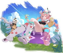 &gt;_&lt; 2girls absurdres ahoge animal_ears aqua_hair blue_sky bow braid breasts candy chupa_chups cloud cloudy_sky cow_ears cow_horns cow_tail dark-skinned_female dark_skin detached_sleeves food fur_trim genshin_impact grass green_eyes grey_hair hair_between_eyes hair_ornament hair_tubes hairband heart highres holding holding_candy holding_food horns iansan_(genshin_impact) leg_warmers lollipop long_hair long_sleeves midriff multicolored_hair multiple_girls mxr one_eye_closed open_mouth outdoors pink_hair pointy_ears purple_eyes shoes sitting skull skull_hair_ornament sky slime_(genshin_impact) smile sneakers streaked_hair taco tail thighs twin_braids twintails varesa_(genshin_impact) yellow_sleeves