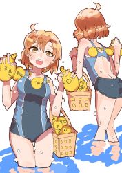 1girl ahoge back_cutout basket blue_one-piece_swimsuit breasts brown_eyes clothing_cutout competition_swimsuit facing_away highres holding idolmaster idolmaster_million_live! idolmaster_million_live!_theater_days looking_at_viewer multiple_views one-piece_swimsuit open_mouth red_hair short_hair standing swimsuit teeth upper_teeth_only wading water wet white-space yabuki_kana
