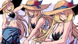 1girl absurdres bikini blonde_hair blue_sarong breasts brown_hat cleavage closed_mouth crop_top cynthia_(pokemon) cynthia_(summer_2025)_(pokemon) flower flower_hat grey_eyes hair_over_one_eye hat hat_flower highres jesse_schickler long_hair looking_at_viewer navel nintendo official_alternate_costume open_mouth pokemon pokemon_masters_ex sarong shirt simple_background solo straw_hat sun_hat swimsuit tied_shirt very_long_hair
