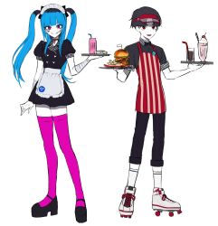1boy 1girl alternate_costume amemiya_darumi apron bandaged_arm bandages black_bow black_dress black_hair black_shirt black_shoes blue_hair bow burger dress full_body hair_bow heart high_heels holding holding_tray long_hair looking_at_viewer maid maid_apron maid_headdress maruko_gaku milkshake monster_energy multicolored_hair pink_eyes pink_thighhighs red_apron red_eyes roller_skates serving_tray shirt shoes simple_background skates smile standing striped_apron striped_clothes the_hundred_line_-last_defense_academy- thighhighs tray twintails white_apron white_background