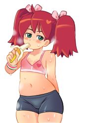 1girl banana bike_shorts blush_stickers bra breasts drawfag eating food fruit green_eyes navel red_hair ribbon saru_getchu sayaka_(saru_getchu) simple_background small_breasts solo standing sweat sweatband sweatdrop thick_thighs thighs twintails underwear white_background