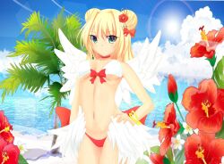 1girl bangle bikini blonde_hair blue_eyes blue_sky blush bow bracelet breasts closed_mouth cloud commentary_request cowboy_shot day double_bun feathered_wings flower green_eyes hair_bow hair_bun hair_flower hair_intakes hair_ornament hand_on_own_hip horizon jewelry looking_at_viewer medium_breasts medium_hair mismatched_bikini navel ocean palm_tree ragnarok_online red_bikini red_bow red_flower rozelia00 sky smile solo sun swimsuit tree wanderer_(ragnarok_online) water white_bikini white_wings wings
