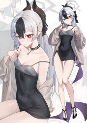 1girl absurdres black_choker black_dress black_hair black_horns blue_archive blush breasts choker cleavage closed_mouth collarbone covered_navel demon_horns demon_wings dress ear_piercing earrings feet_out_of_frame grey_hair grey_halo grey_jacket hair_between_eyes halo highres horns jacket jaihu jewelry kayoko_(blue_archive) kayoko_(dress)_(blue_archive) long_hair long_sleeves looking_at_viewer multicolored_hair multiple_views official_alternate_costume open_clothes open_jacket piercing purple_wings red_eyes simple_background single_wing small_breasts white_background wings