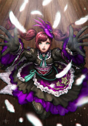 arms_up black_gloves blunt_bangs bracelet collar cross-laced_clothes feather_hair_ornament feathers frilled_collar frilled_skirt frilled_sleeves frills gloves green_eyes hair_ornament hair_ribbon hosokawa_gracia japanese_clothes jewelry kimono kneeling layered_skirt lips long_hair mitsuya obi open_mouth pantyhose puffy_sleeves red_hair ribbon sash sengoku_musou skirt swept_bangs twintails